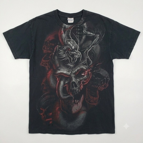 Gildan Other - Vintage Dragon Skull T-Shirt Mens Large Black‎ Grunge Goth Graphic Y2K Fantasy